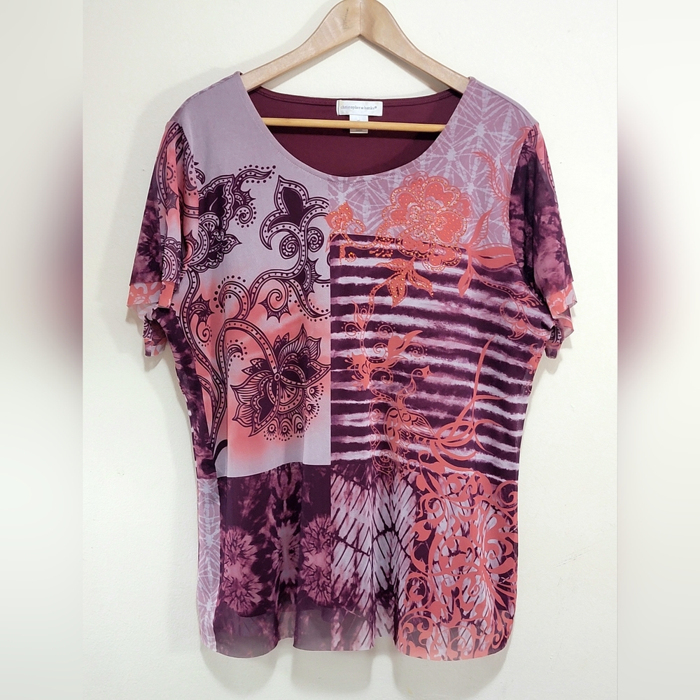 XL Plus Size Christopher & Banks Paisley Print Sequin Short Sleeve Top Like New